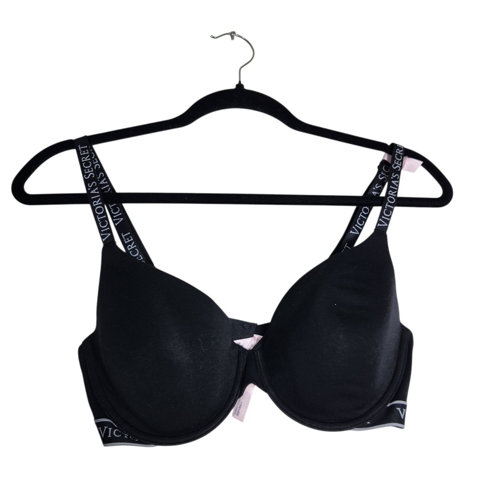 Victorias Secret Black Logo Strap Lightly Lined T-Shirt Bra 36D Underwire
